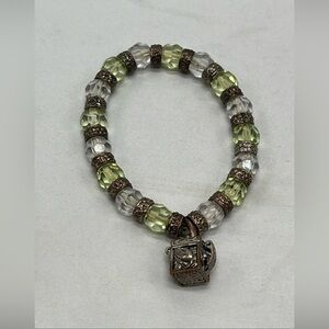 Green And White Glass Stretch Bracelet With Prayer Box